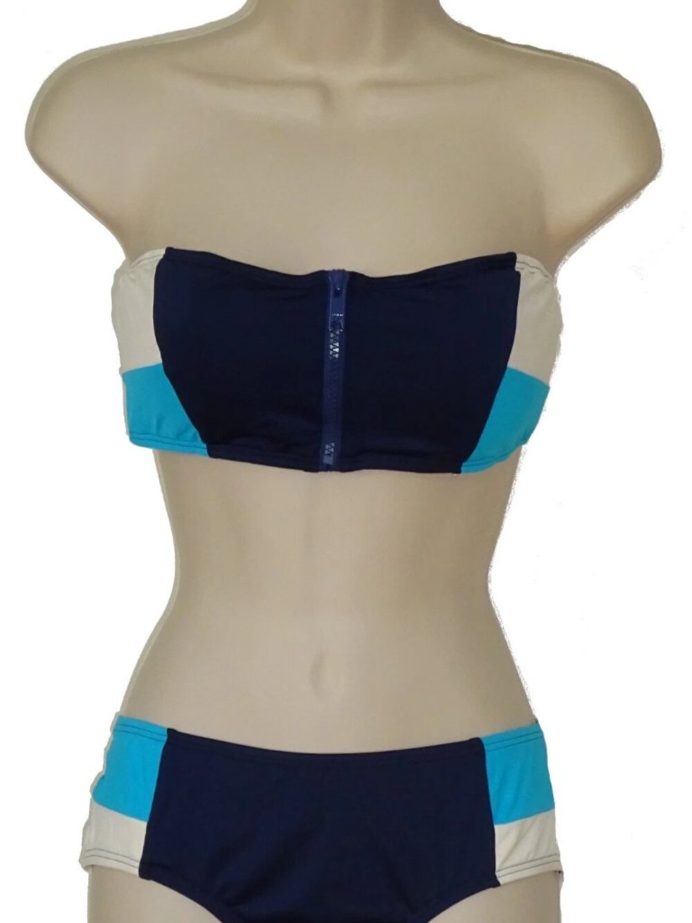 DKNY Blue Teal & White Colorblock Bandeau Strapless Bikini Classical Set NWT L